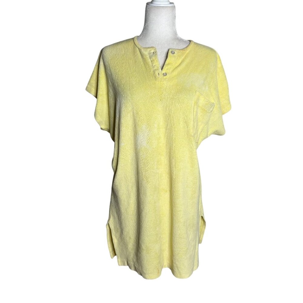 Vintage 80s Jacques Dache Terry Cloth Tunic Top Medium Yellow Cover Up Shirt